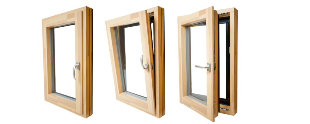 Wooden tilt and turn window showcasing three opening positions and modern design.