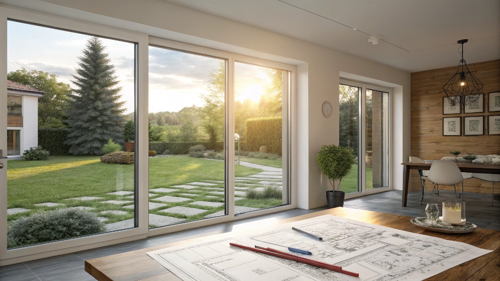 Spacious living room with glass doors overlooking a garden at sunset.