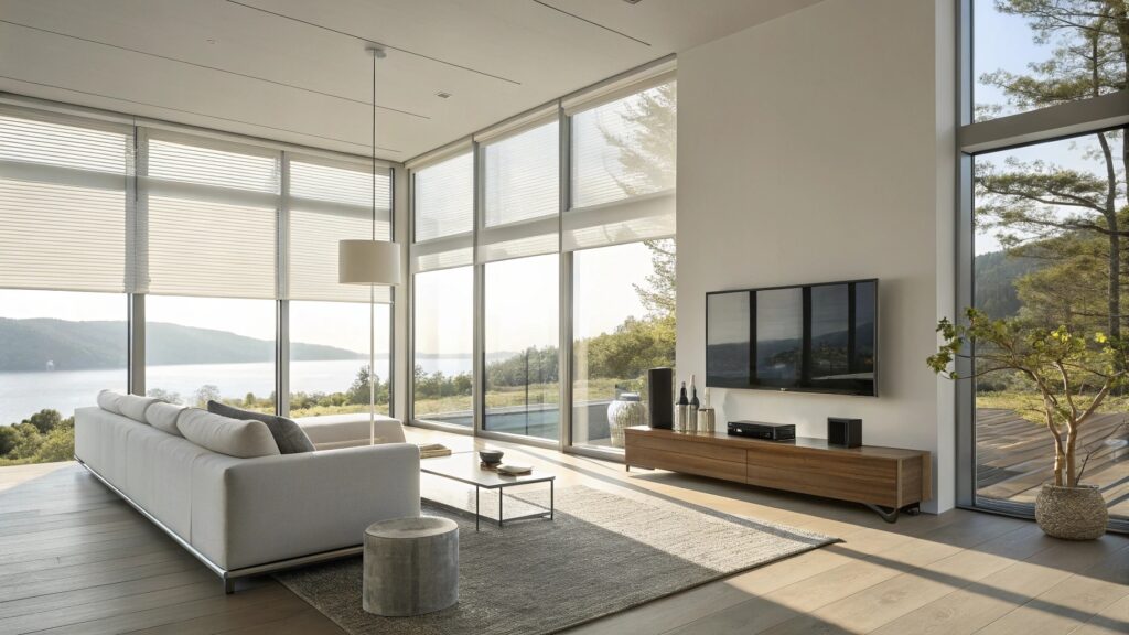 Bright living room with tall windows showing a green backyard.