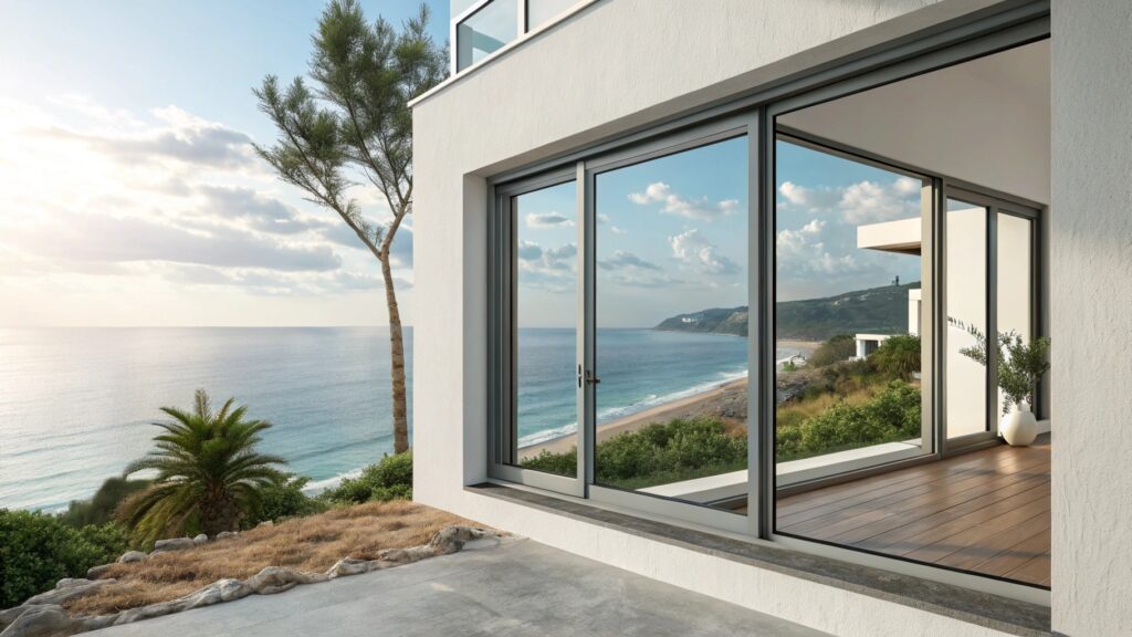 Sliding glass doors showcasing oceanfront view.