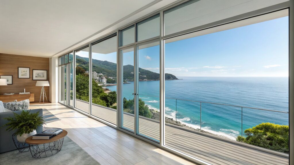 Contemporary living room with floor-to-ceiling windows offering a panoramic ocean view.