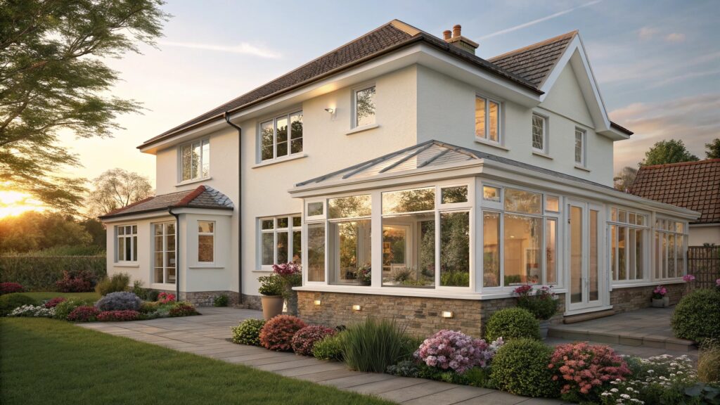 A picturesque suburban home with large glass windows reflecting the warm glow of the sunset, surrounded by a lush garden