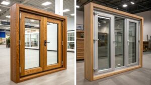 Two display models of modern windows in a showroom, showcasing wooden and aluminum-clad designs with double glass panels.