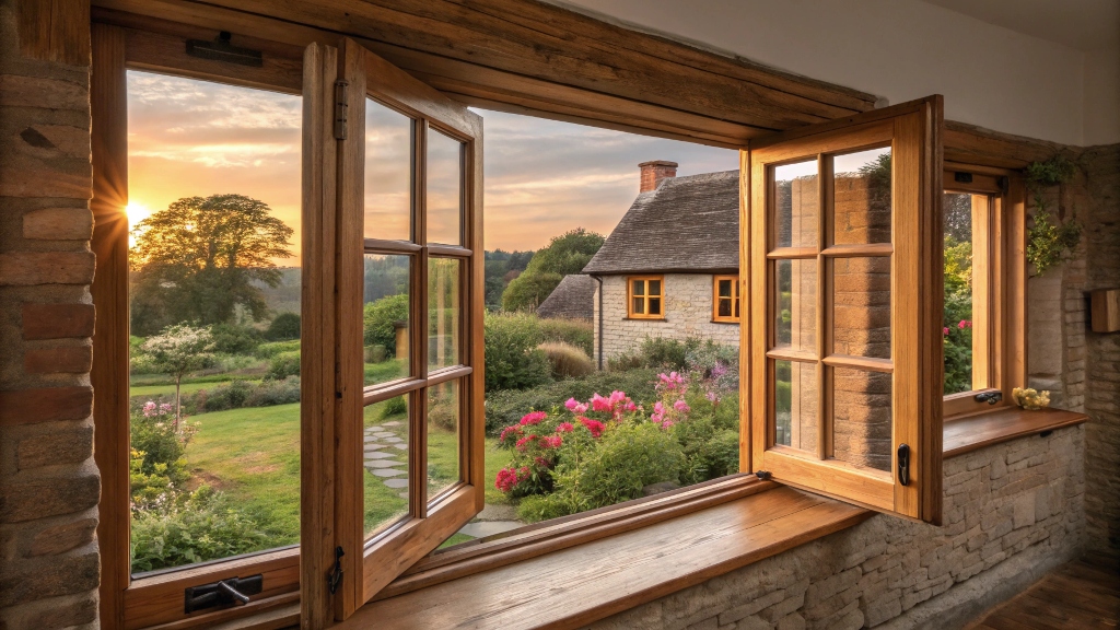 Classic wooden-framed windows with countryside views during sunset.