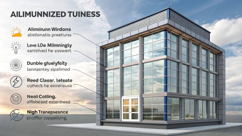 Infographic highlighting features of aluminum windows on a modern glass building.