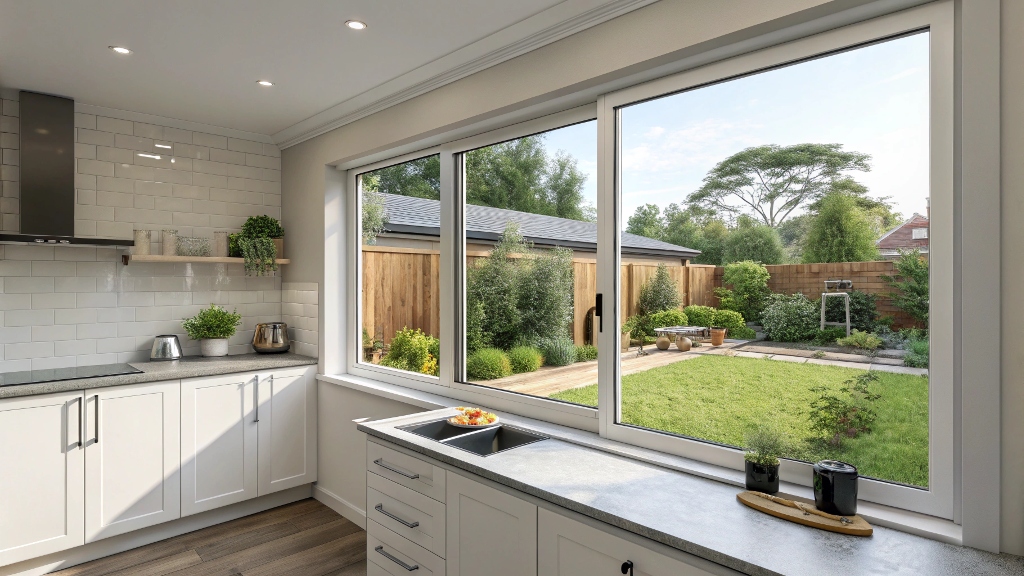 Kitchen interior featuring a sliding window overlooking a green backyard.