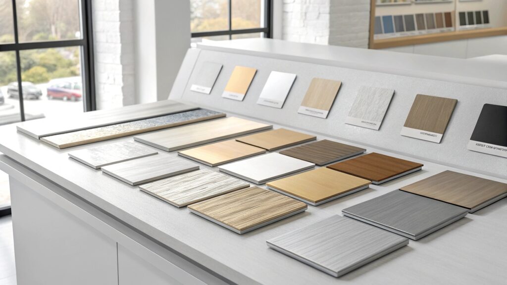 Display of wood and metallic finish samples for interior and exterior design.