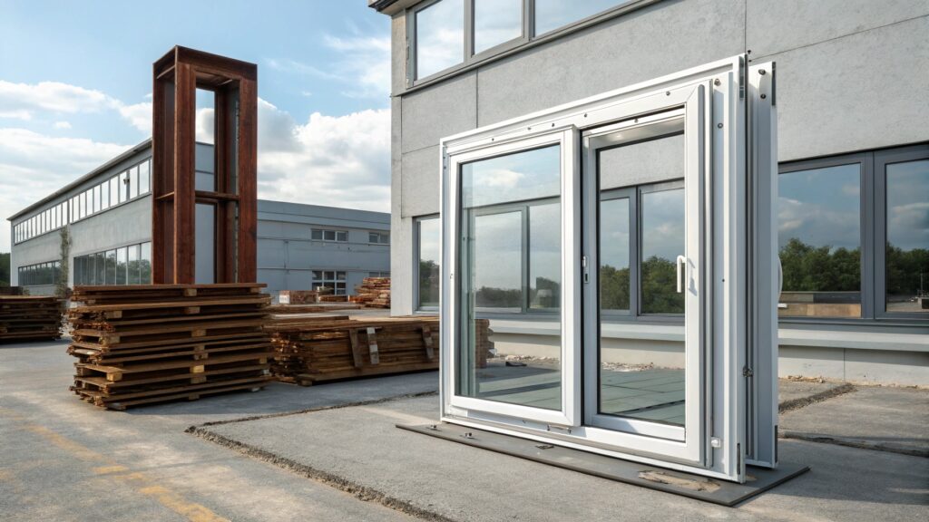 Outdoor display of a window frame model with industrial surroundings.