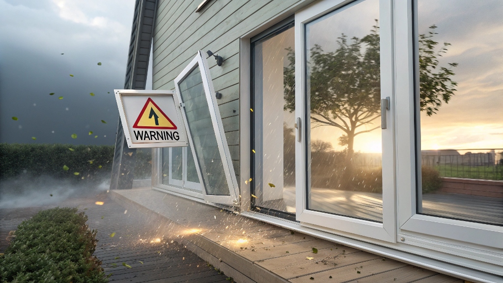 Severe weather impacting sliding glass doors with a warning sign displayed.