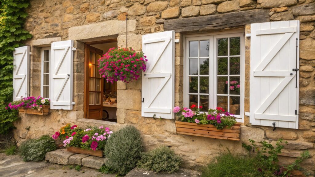 Charming colonial house with white wooden shutters and flowers.