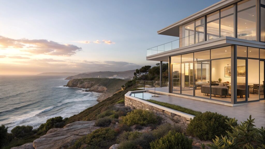 Cliffside house with large glass windows overlooking the ocean at sunset.