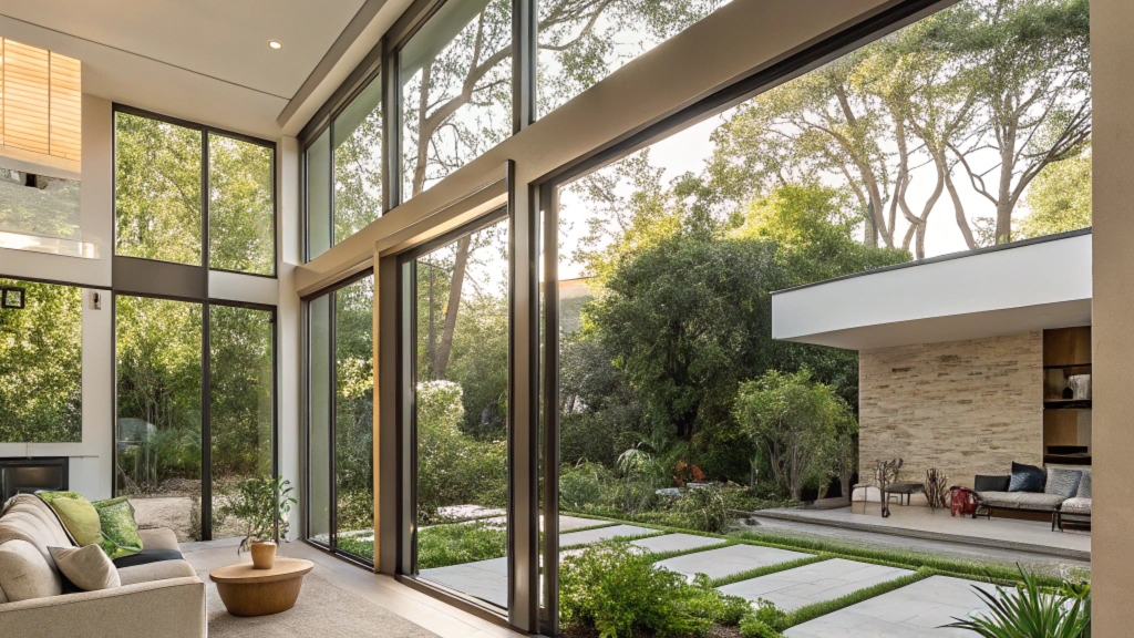 Spacious living area with floor-to-ceiling glass windows.