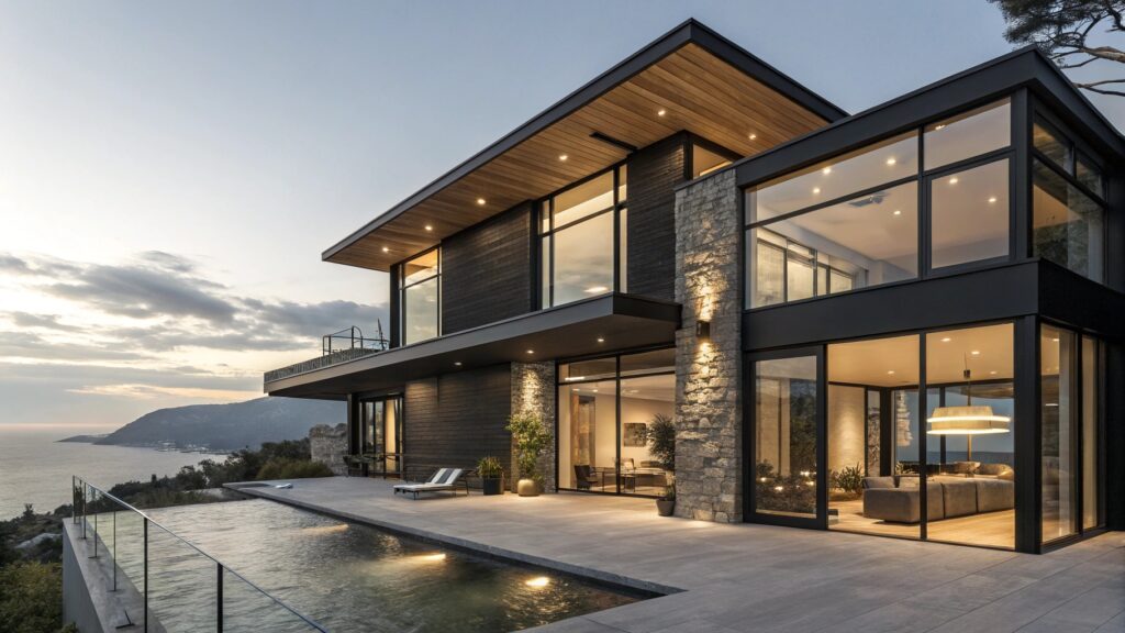 Sleek modern home featuring black aluminum-framed windows.