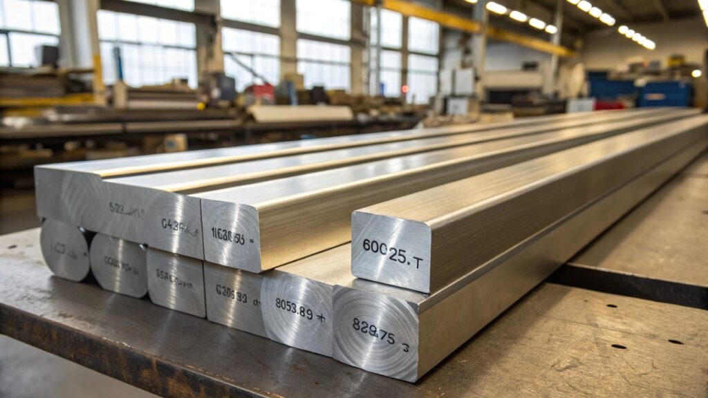 Aluminum raw material bars in factory workshop.