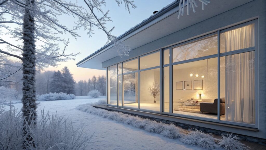 Contemporary home surrounded by snowy trees with large glass windows.