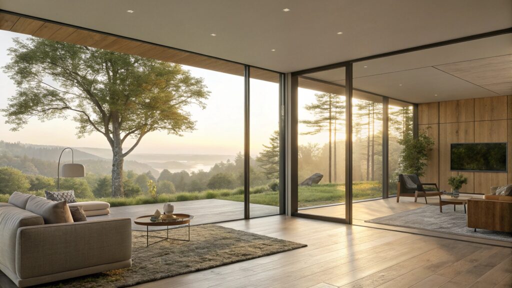 Spacious living room with sliding glass windows and natural view.