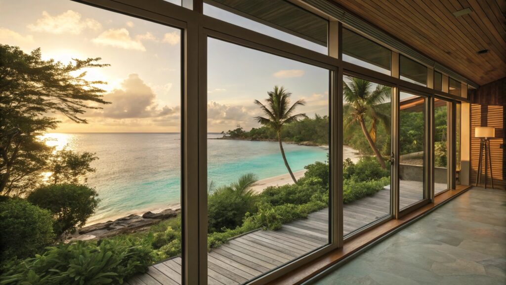 Tropical beach view through large glass windows, with lush greenery and calm turquoise waters.