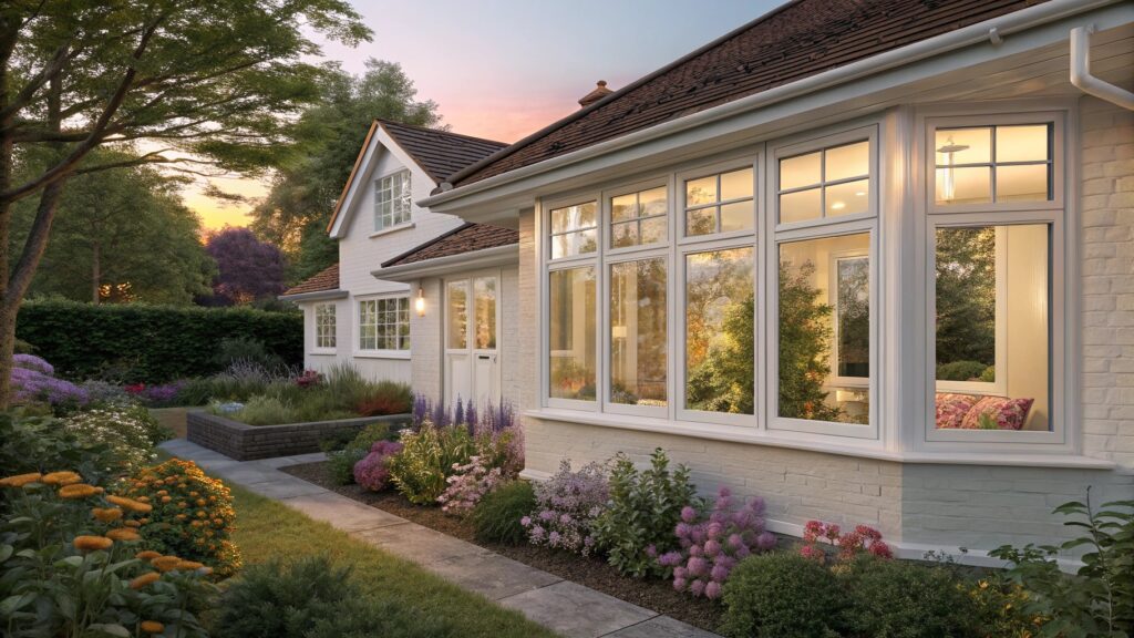 A charming brick house with large white-framed windows, surrounded by vibrant flowers and greenery in the front garden.