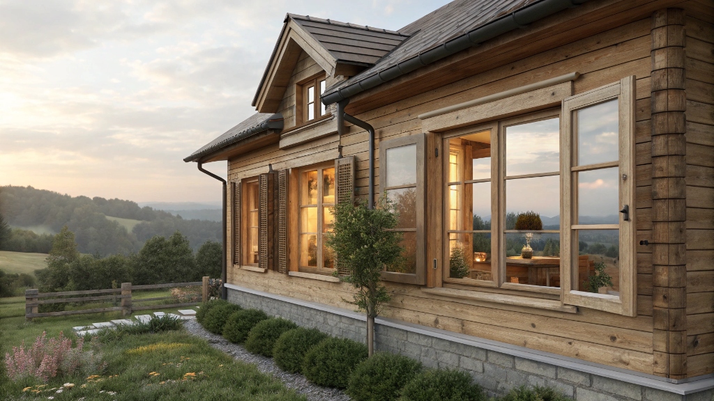 A charming wooden house with wide open windows offering a view of rolling hills.