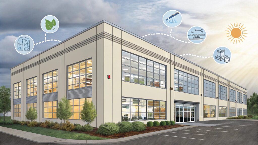  Illustrated commercial building showcasing sustainability and efficient window systems.