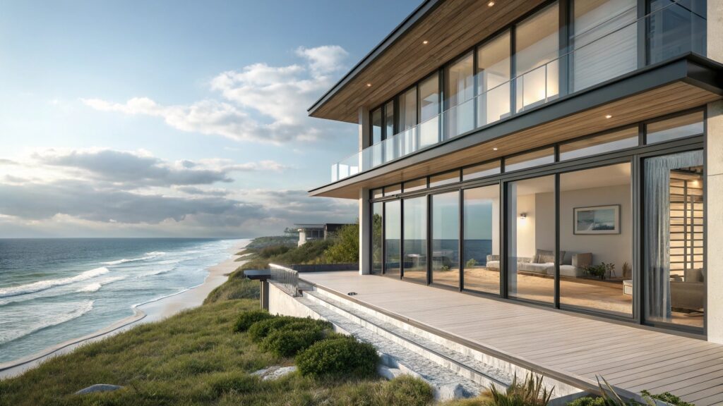 Modern beachfront home with expansive glass windows offering ocean views.