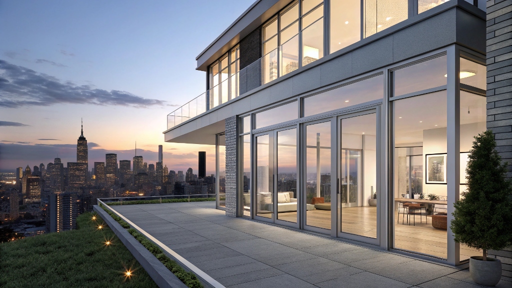 Modern apartment with glass walls and city skyline view at dusk.