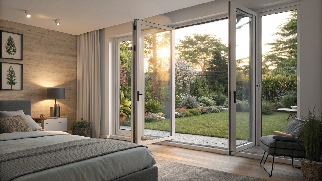 Bedroom with floor-to-ceiling glass doors opening to a garden at sunrise.