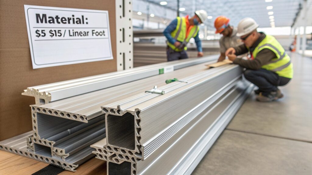 Construction team inspecting aluminum frames in a manufacturing facility.