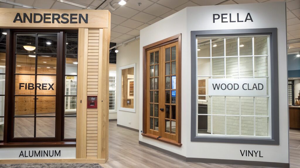 Showroom display of Andersen and Pella window styles with wood, aluminum, and vinyl options.