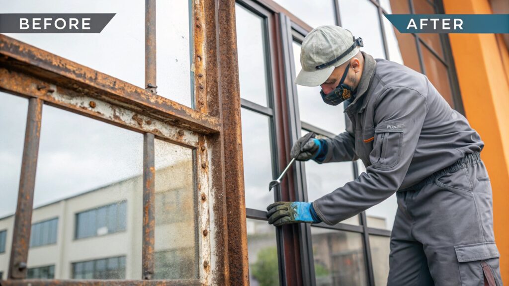 Technician replacing a rusted window frame with a modern design.