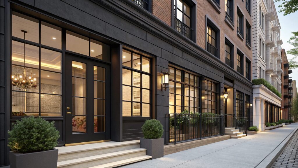 Elegant urban building exterior featuring black-framed windows and warm lighting.