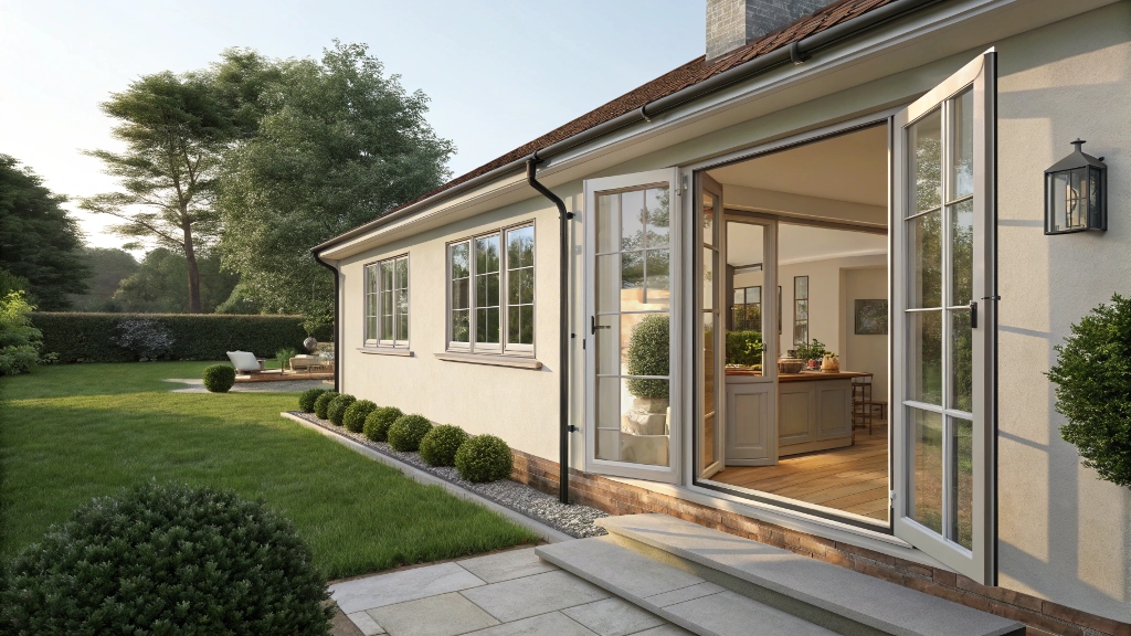 Modern home exterior with open French doors leading to a lush garden.