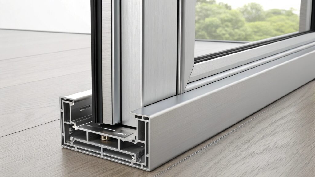 Close-up view of a high-quality aluminum window frame corner detail.