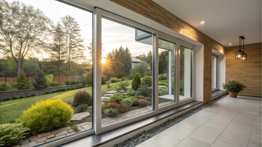 Panoramic view of garden through modern glass windows.