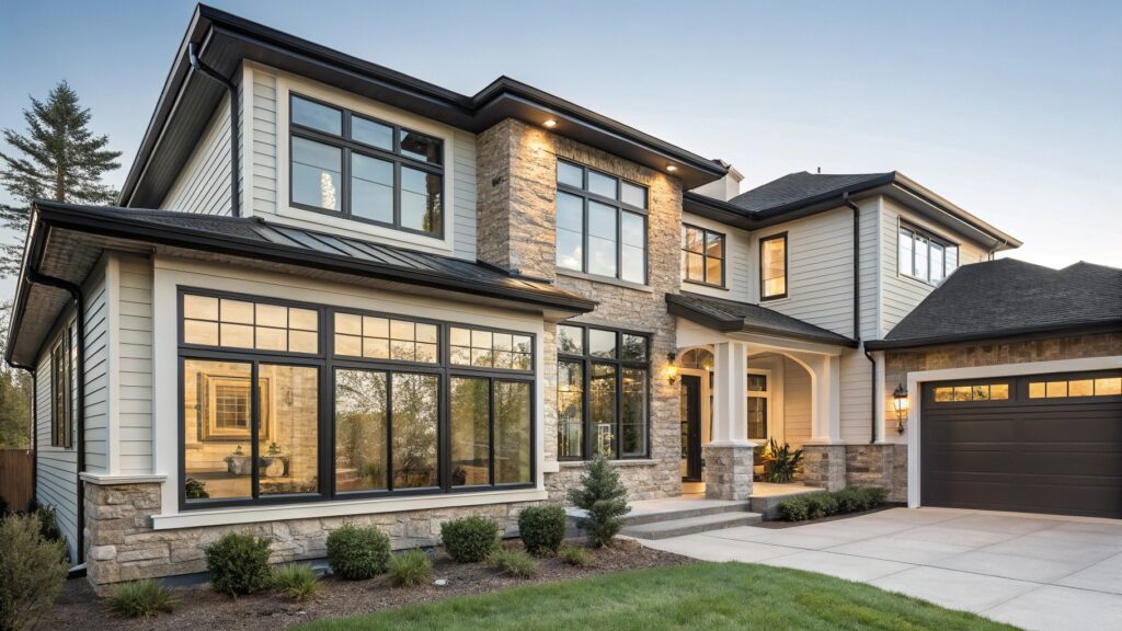 Classic two-story suburban home featuring black-framed windows and stone siding.