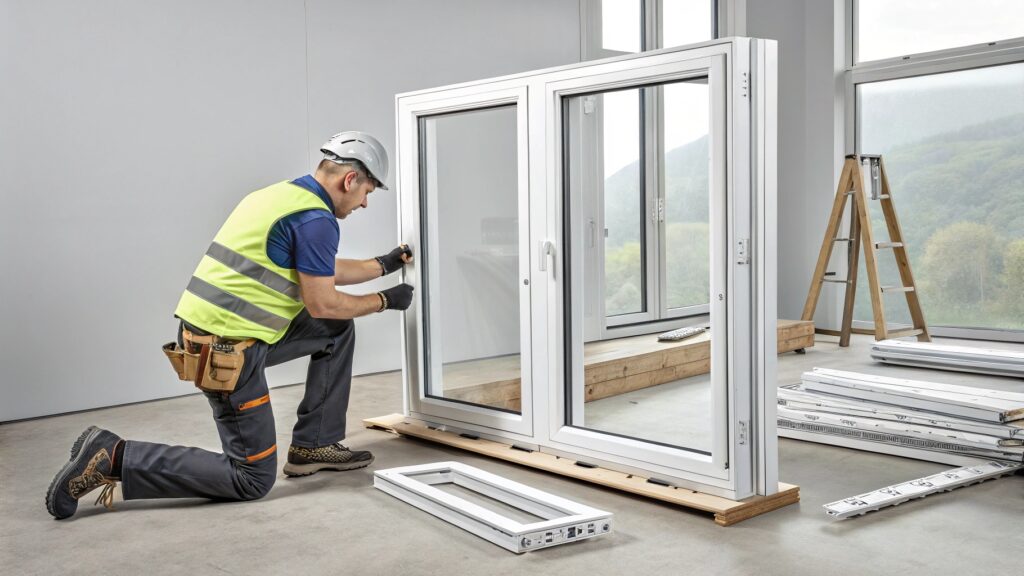 A worker installing a white aluminum sliding door, wearing a high-visibility vest and helmet in a clean workshop environment