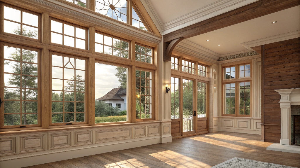 A classic interior living room with large floor-to-ceiling wooden windows, offering expansive views of lush greenery outside.