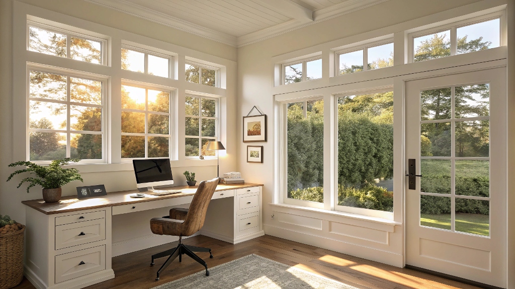 A home office illuminated by natural light from multiple white-framed windows.