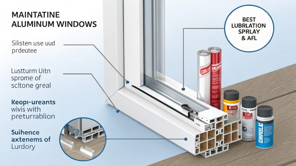 Diagram of aluminum window components with recommended maintenance products.