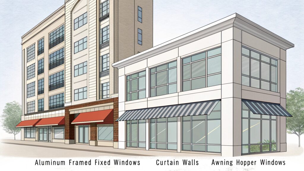 Illustration showing fixed windows, curtain walls, and awning windows on buildings.