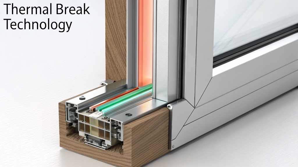 Cross-section of a window frame highlighting thermal break technology.