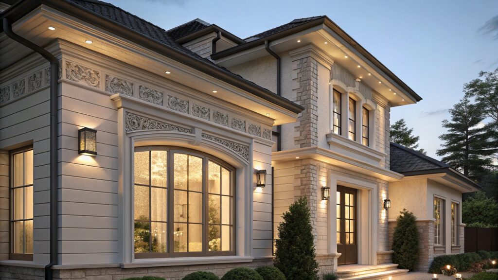 Elegant residential exterior with decorative windows illuminated at dusk.