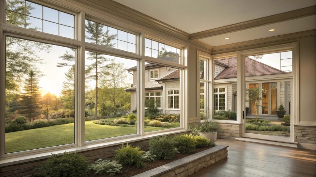 Sunlit interior with large panoramic windows overlooking a garden.