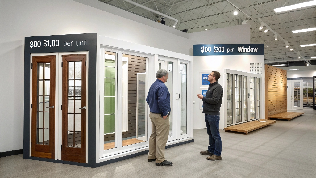 Window showroom with product displays and customer interaction.