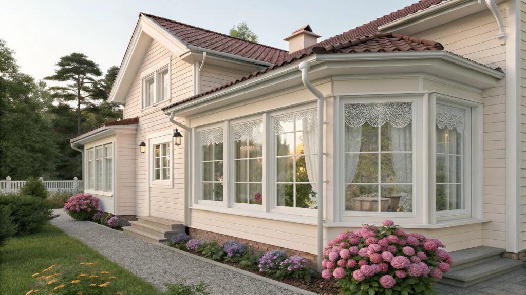 Cozy traditional house with pristine white windows and gardens.