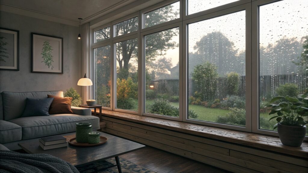 Cozy living room with large rain-covered windows facing a garden.