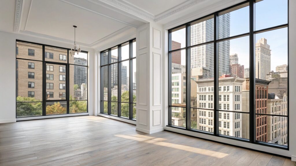 Large urban-style windows in a bright, modern interior apartment room.