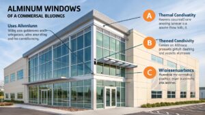 Modern commercial building featuring aluminum windows and energy-efficient design.