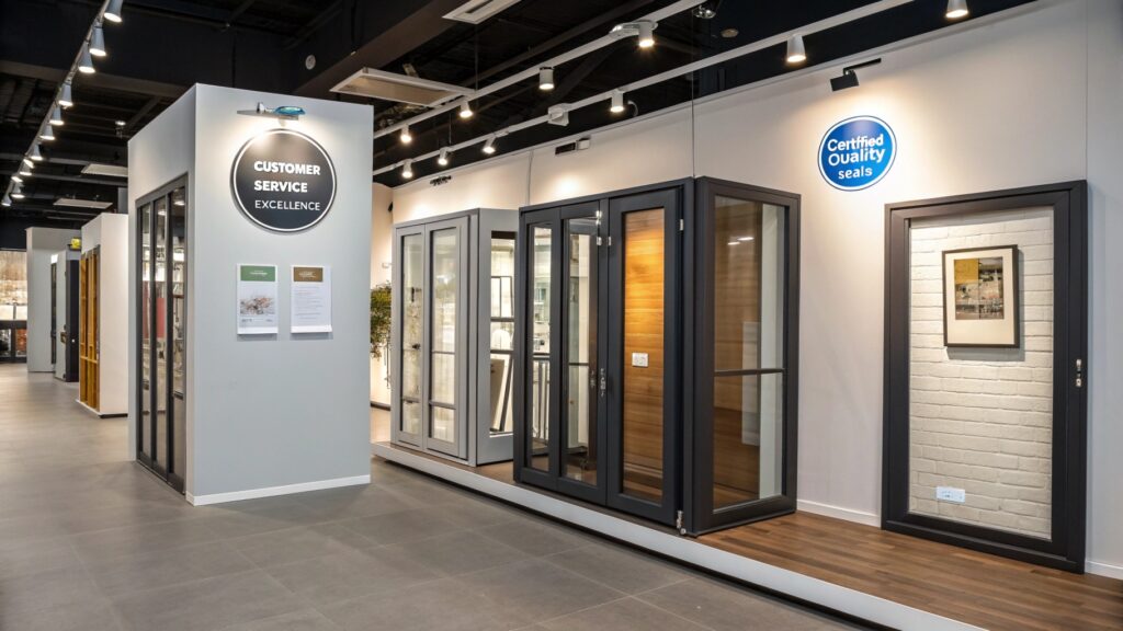 Showroom display of certified aluminum doors and windows.