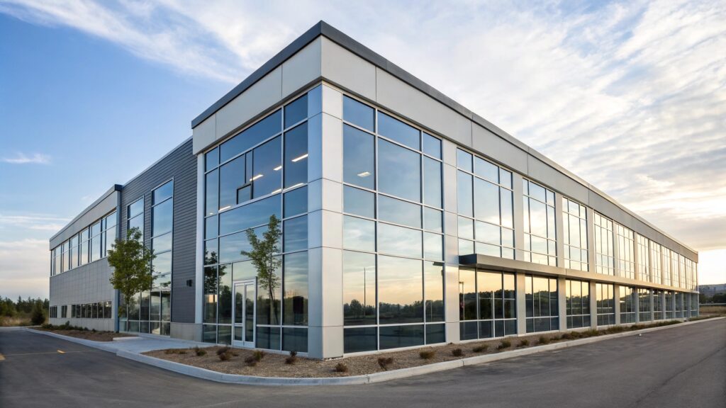 Contemporary commercial building with reflective glass windows during sunset.